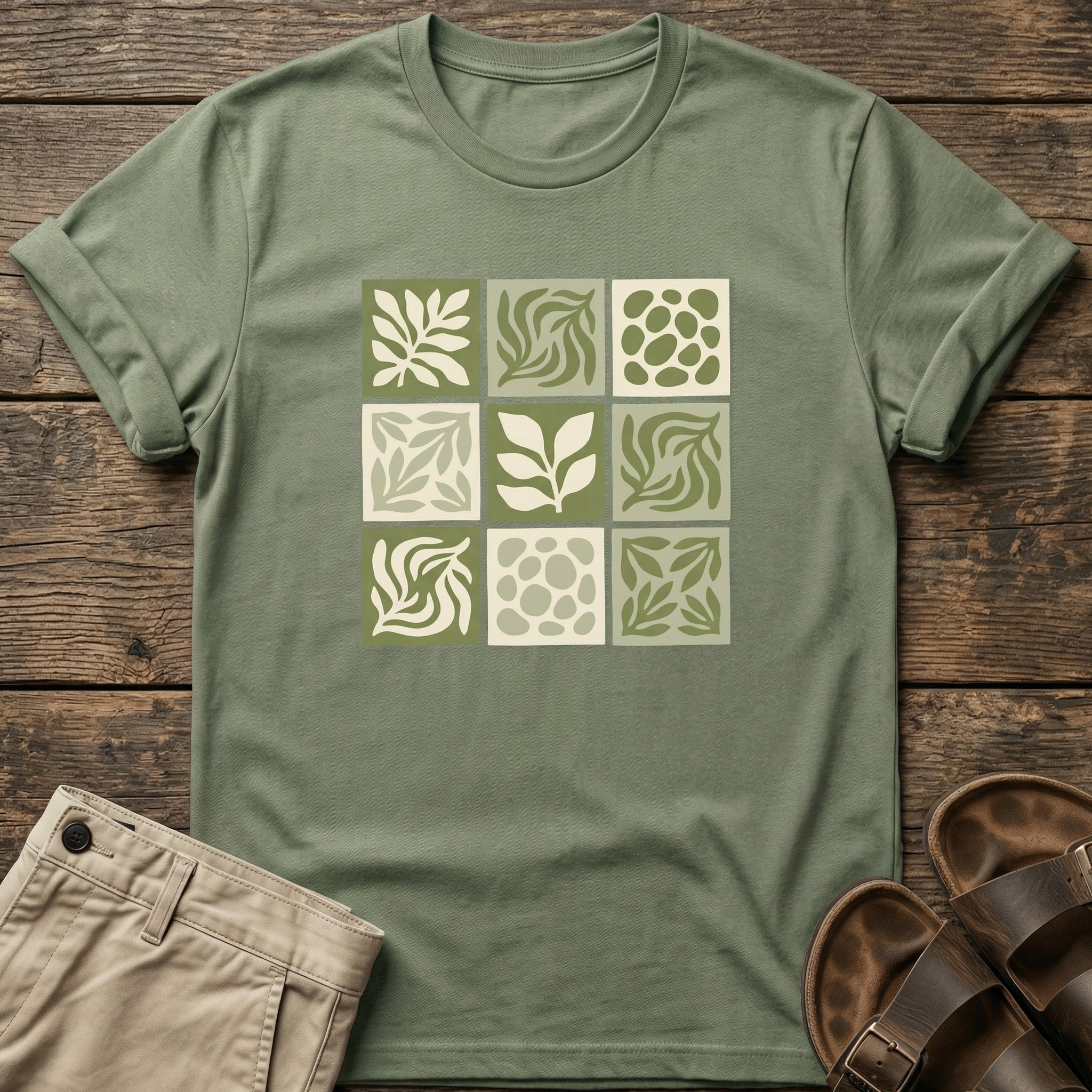 Green Nature Squares Print T-Shirt