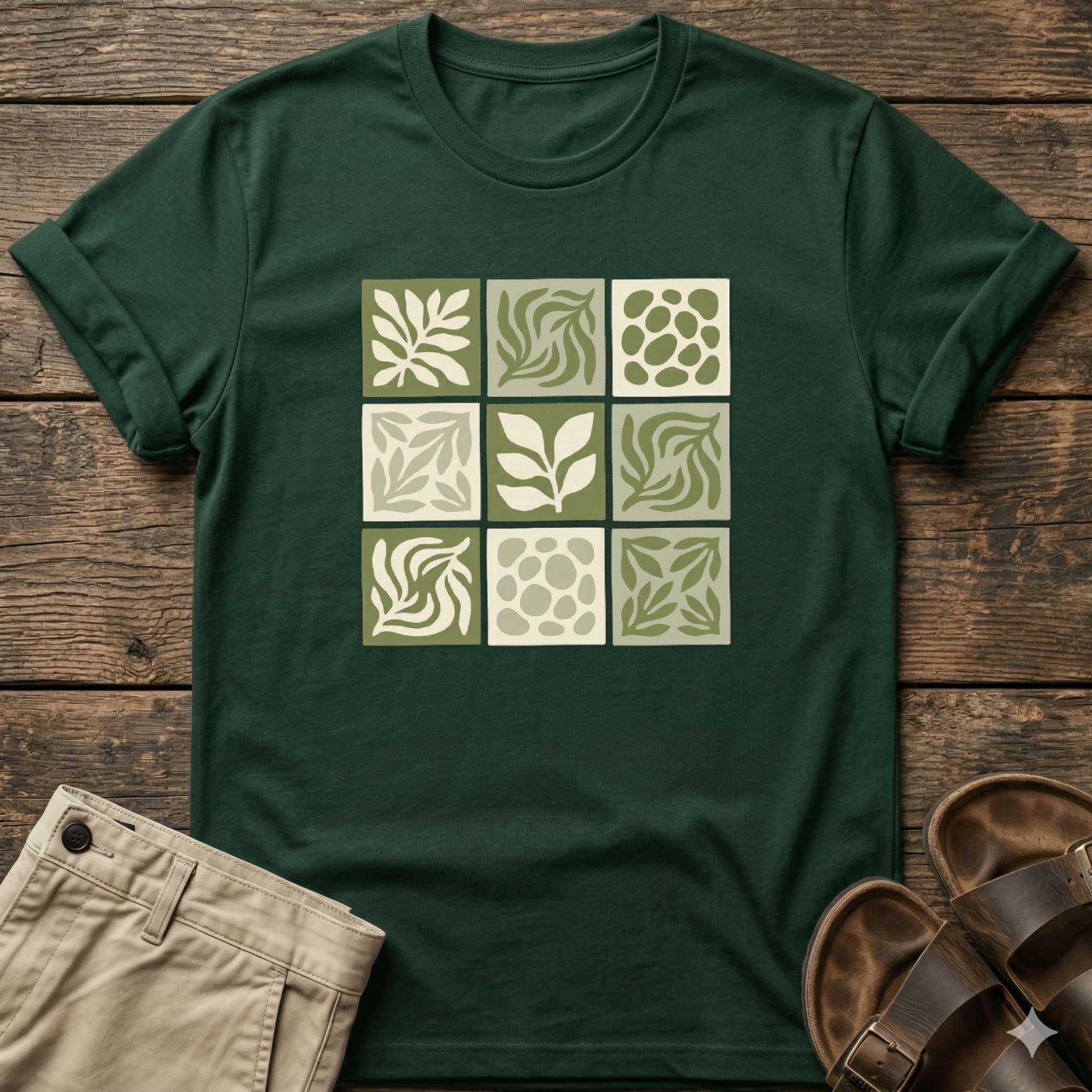 Green Nature Squares Print T-Shirt