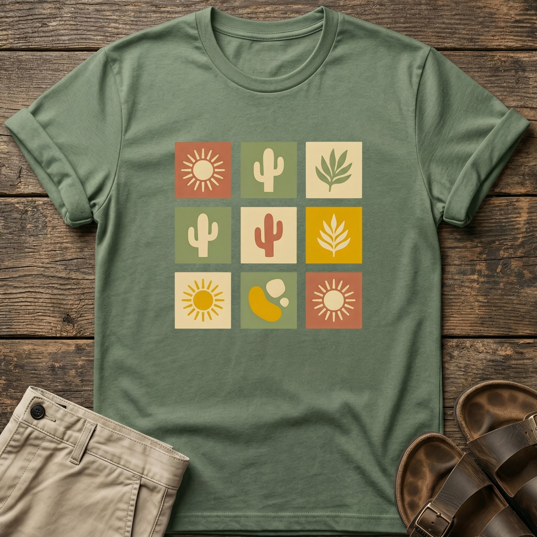 Retro Cactus & Sun Grid T-Shirt