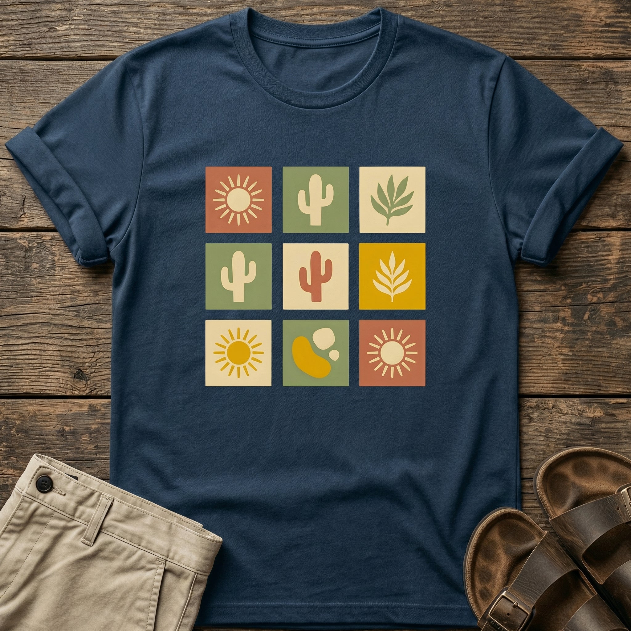 Retro Cactus & Sun Grid T-Shirt