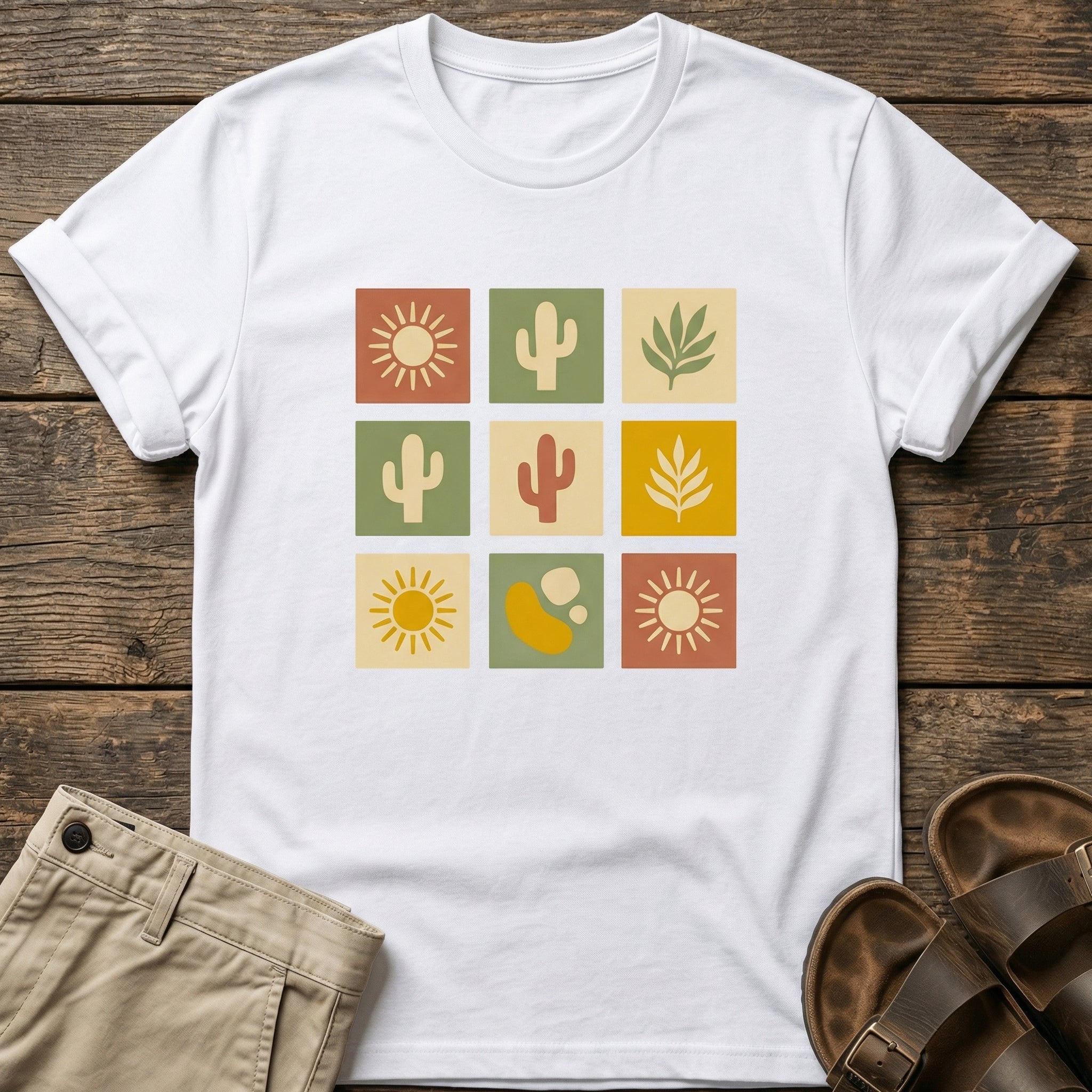 Retro Cactus & Sun Grid T-Shirt