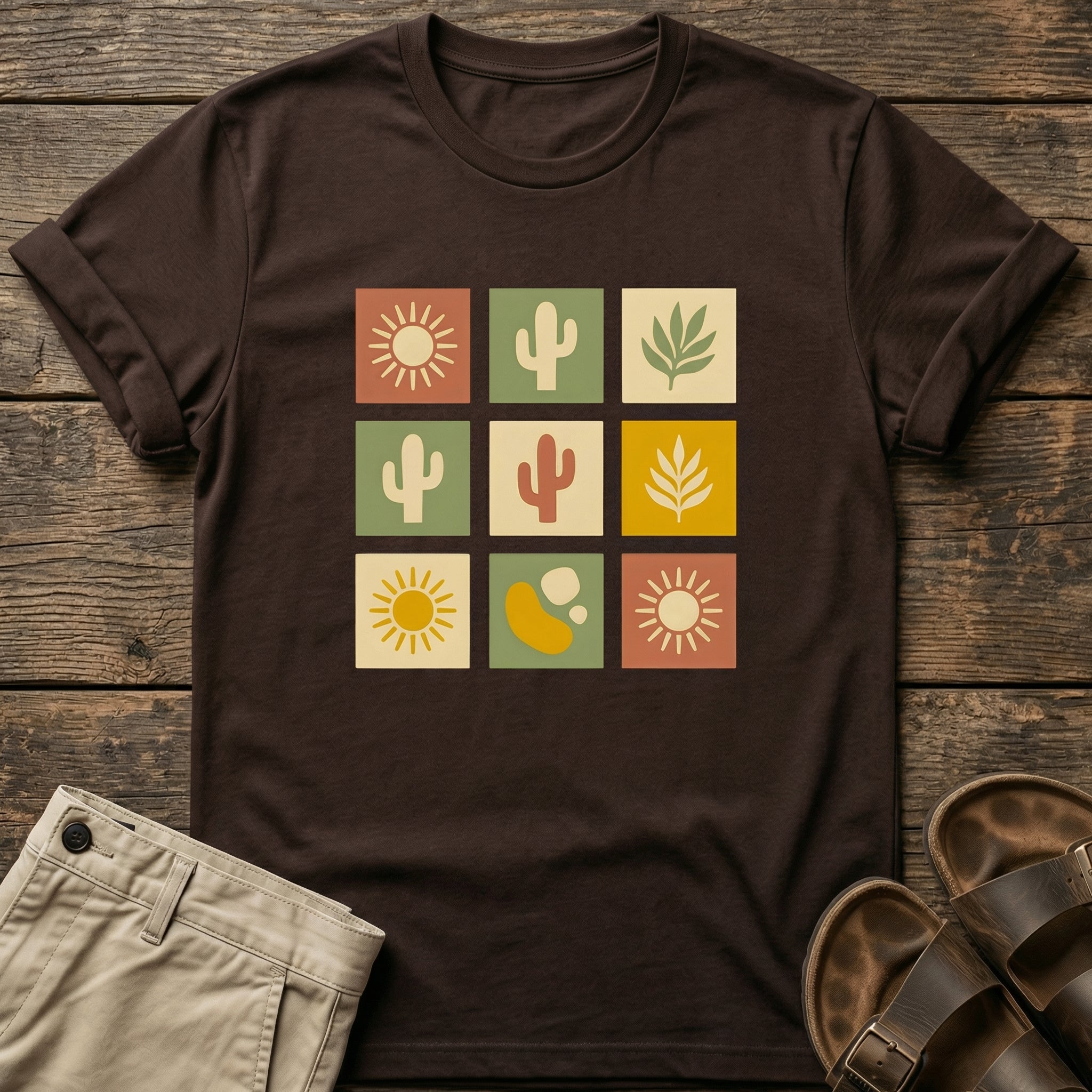 Retro Cactus & Sun Grid T-Shirt