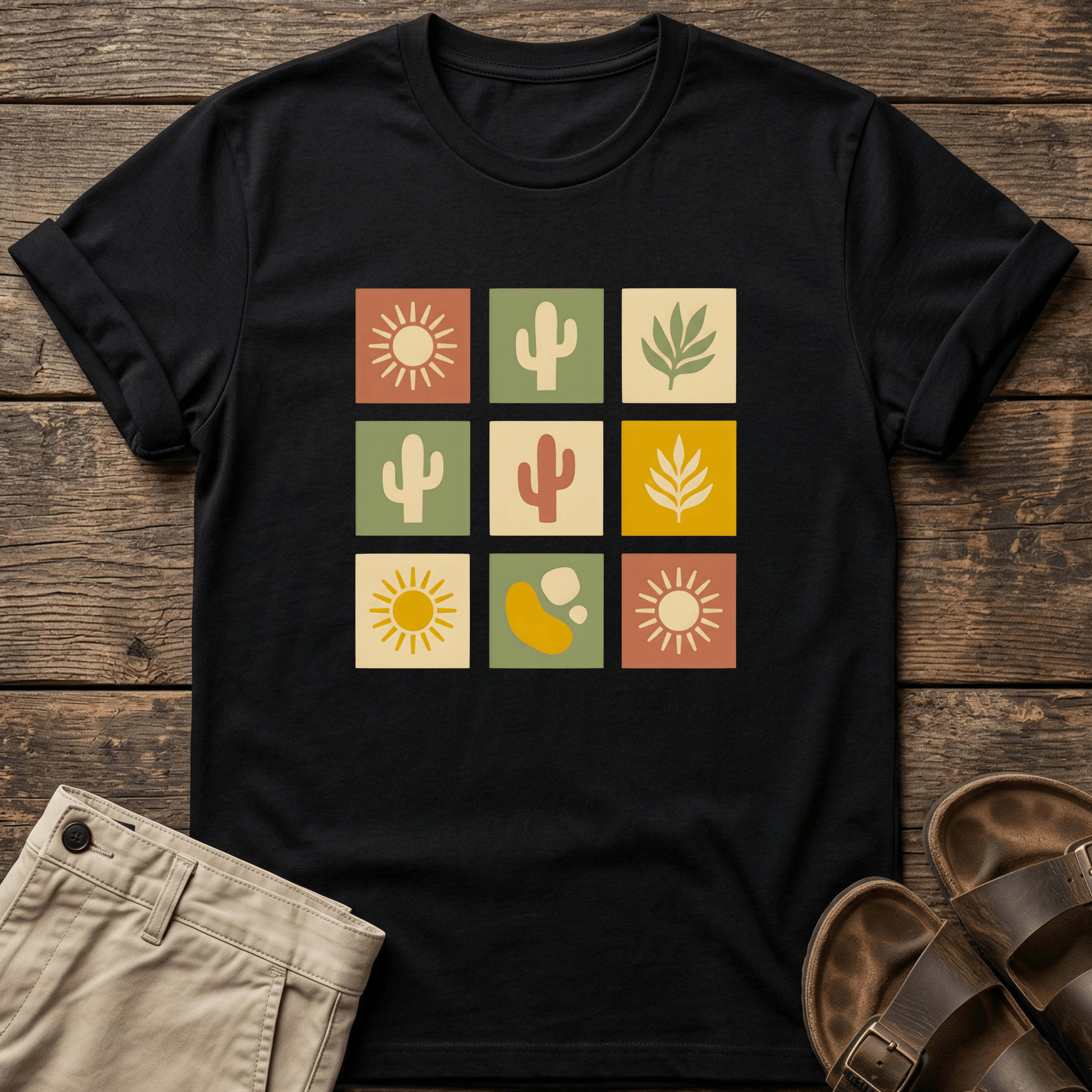 Retro Cactus & Sun Grid T-Shirt