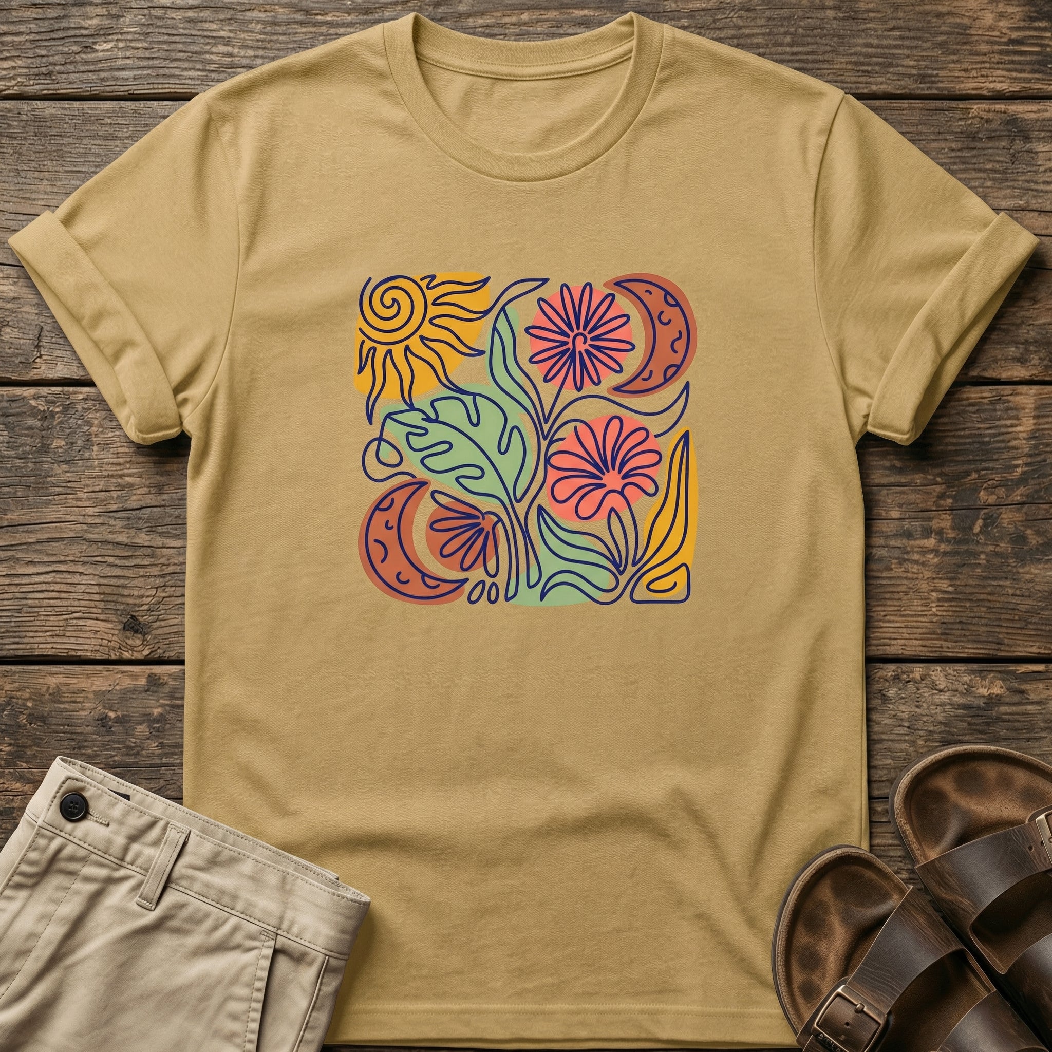 Botanical Retro Sun & Moon Flower T-Shirt