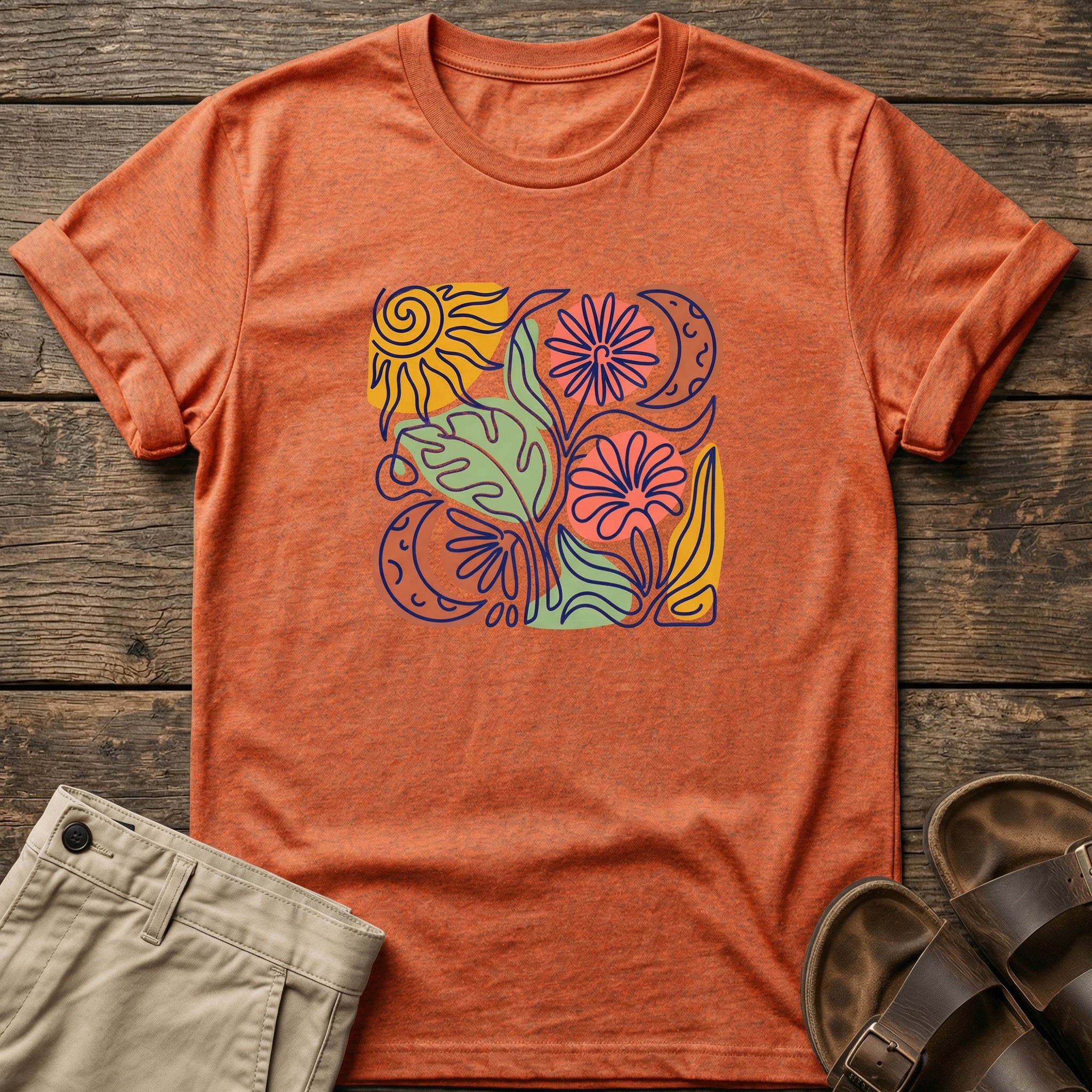 Botanical Retro Sun & Moon Flower T-Shirt