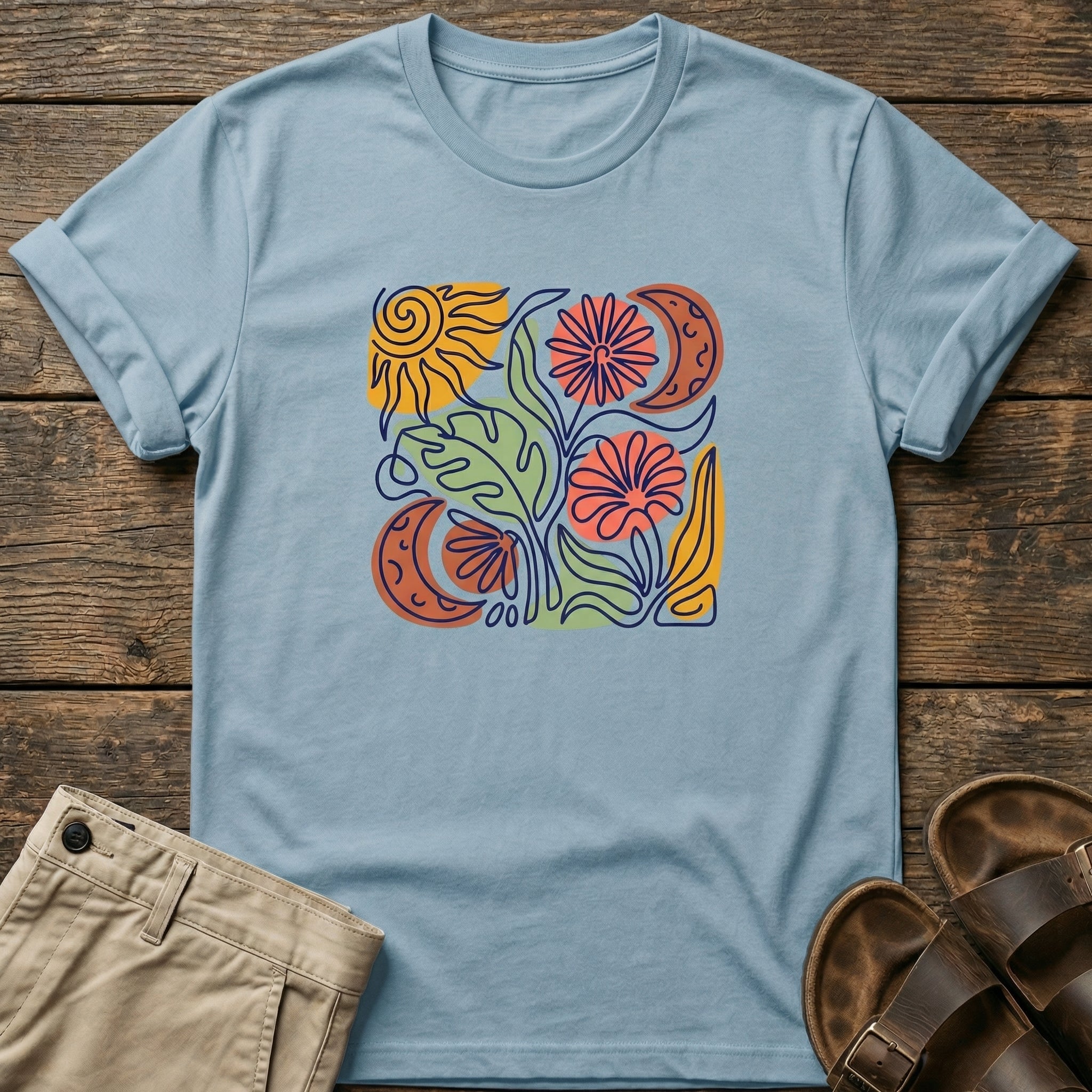 Botanical Retro Sun & Moon Flower T-Shirt