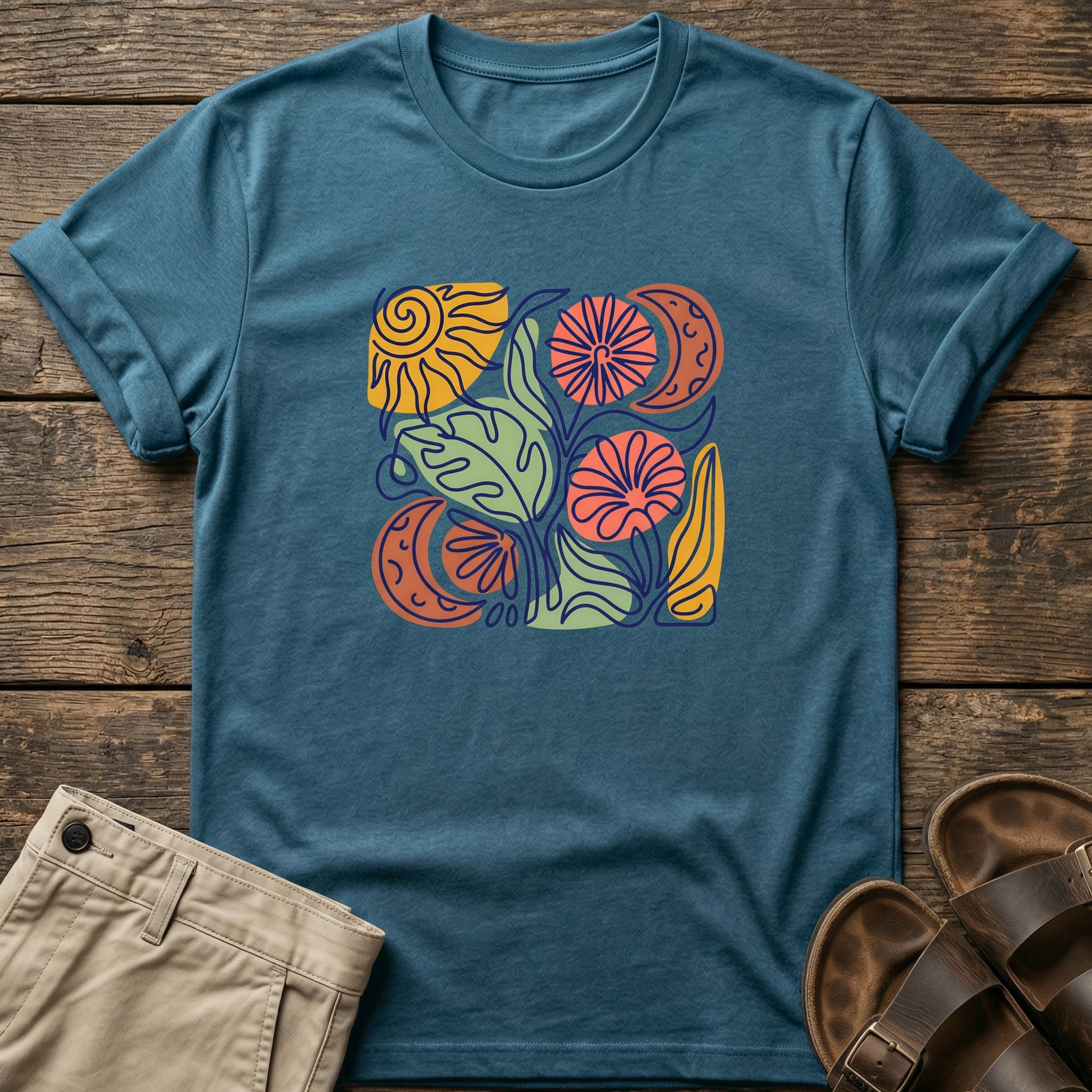 Botanical Retro Sun & Moon Flower T-Shirt