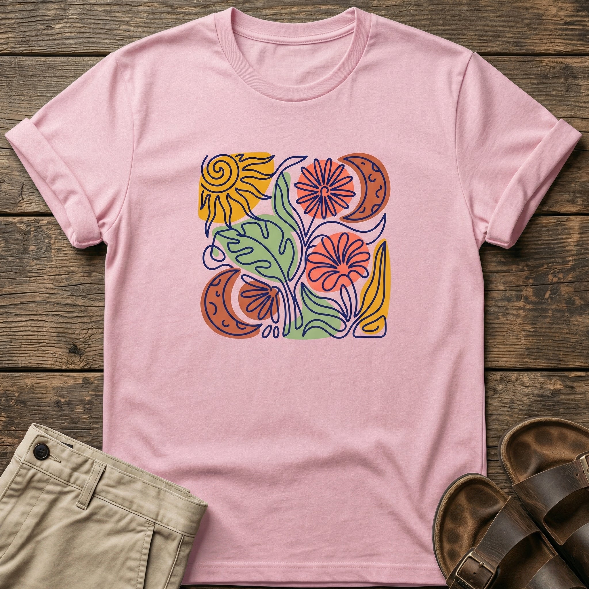Botanical Retro Sun & Moon Flower T-Shirt