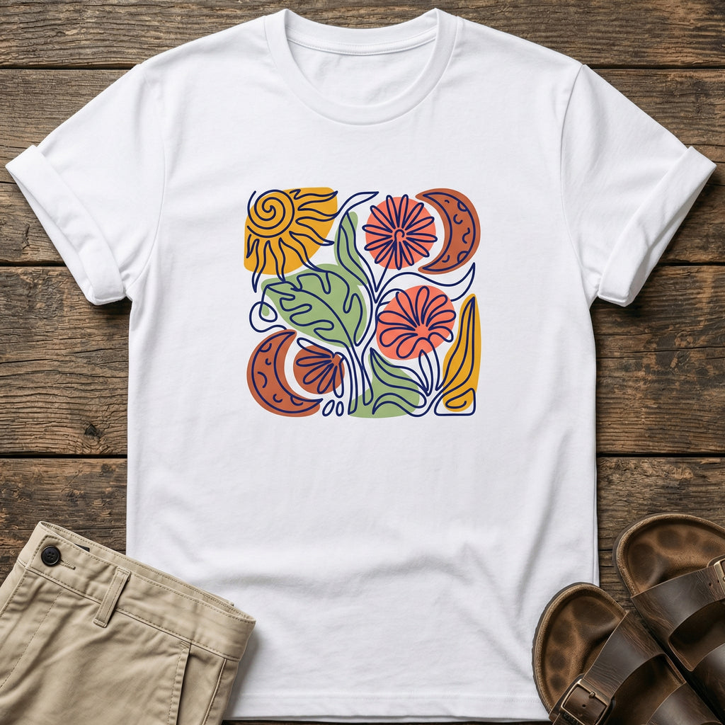 Botanical Retro Sun & Moon Flower T-Shirt