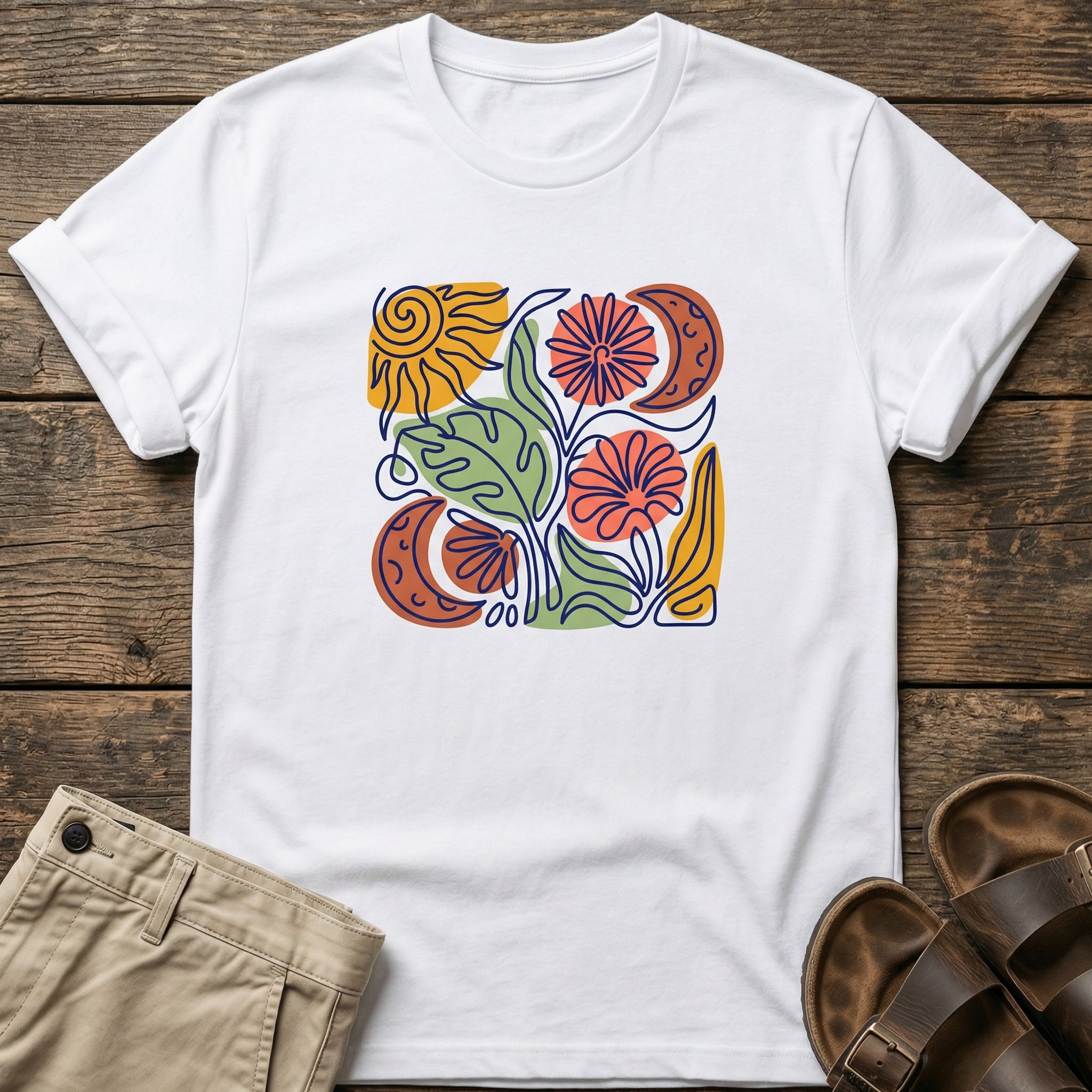 Botanical Retro Sun & Moon Flower T-Shirt