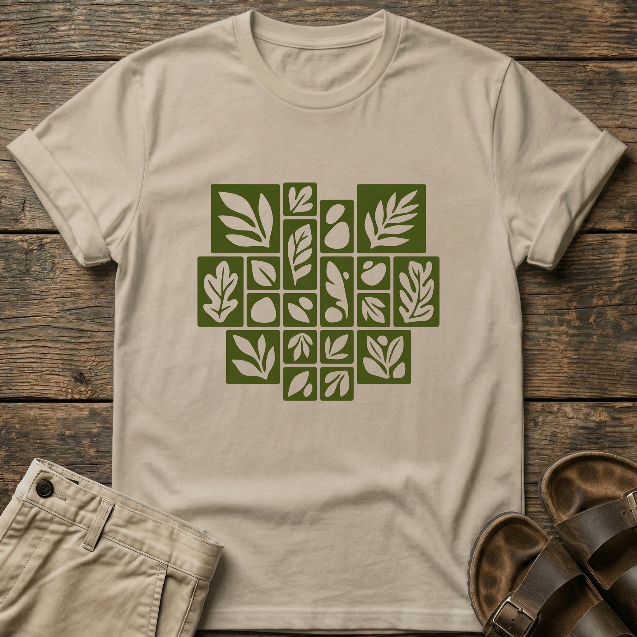 Olive Leaf Grid Graphic T-Shirt