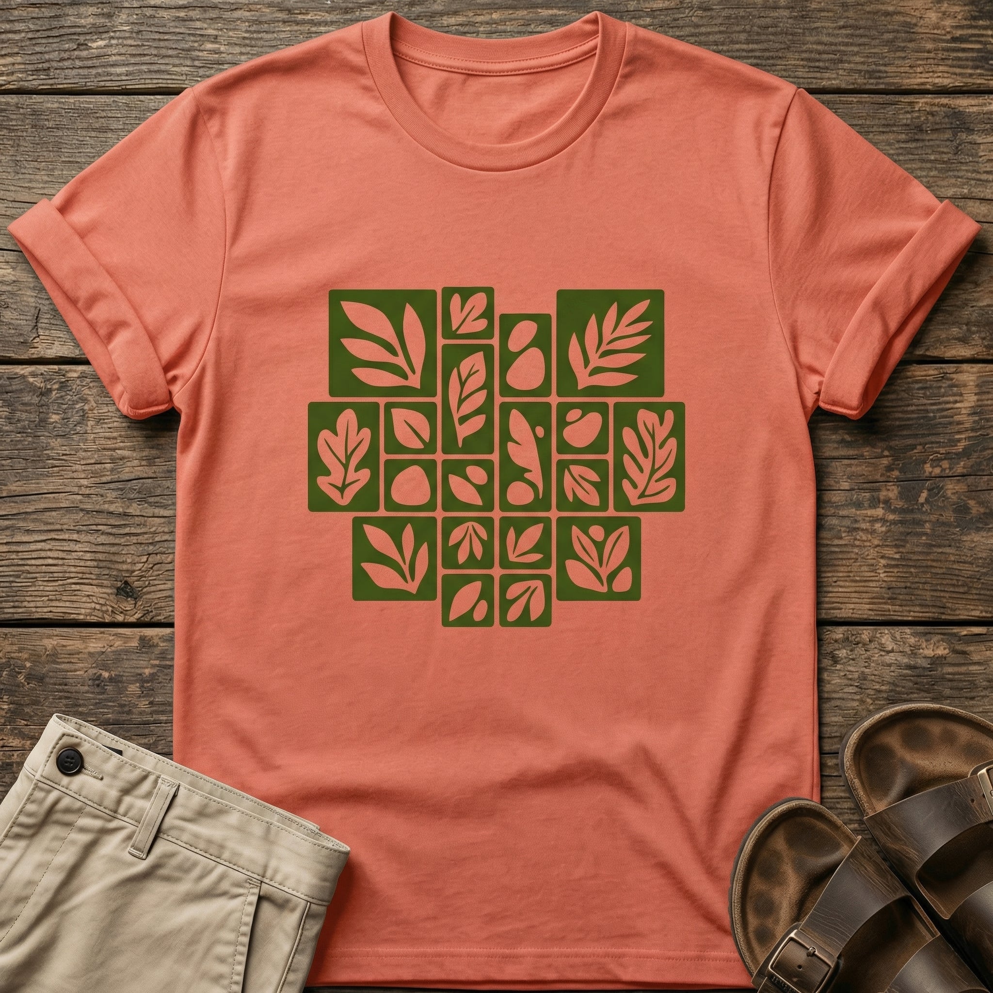 Olive Leaf Grid Graphic T-Shirt
