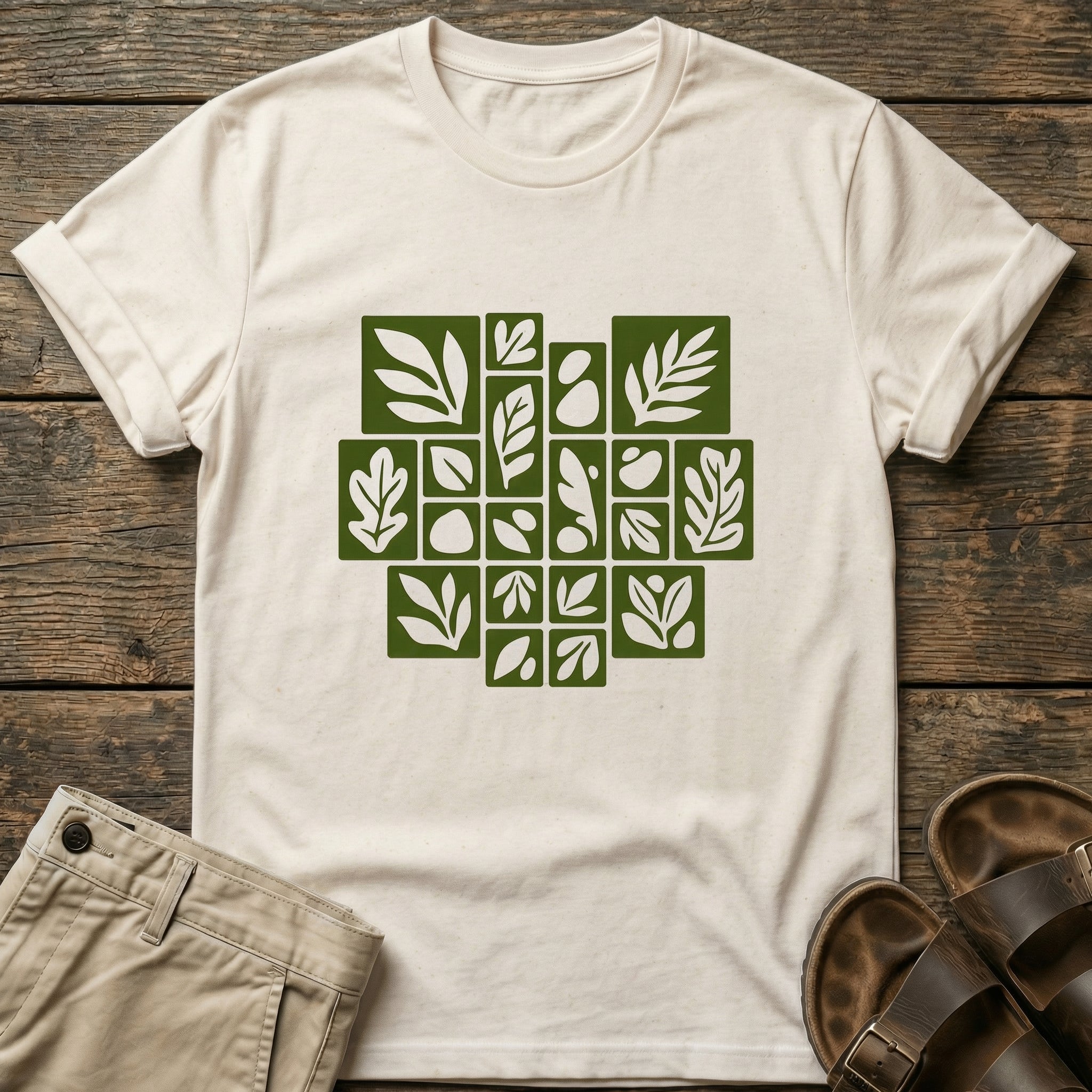 Olive Leaf Grid Graphic T-Shirt