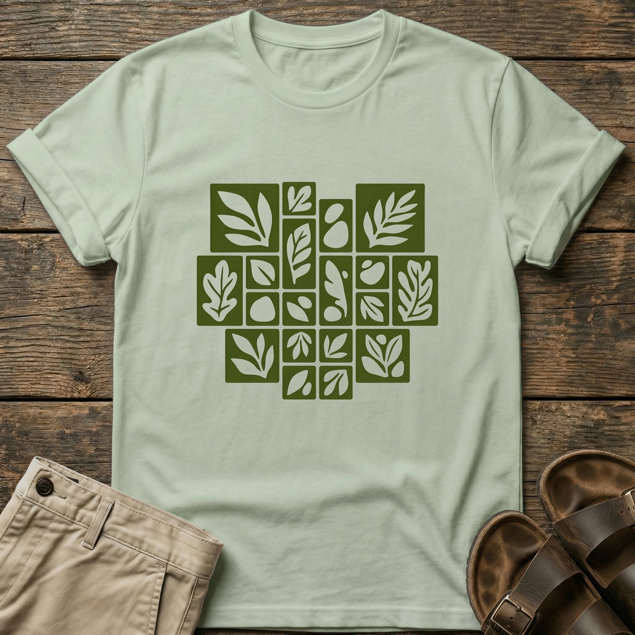 Olive Leaf Grid Graphic T-Shirt