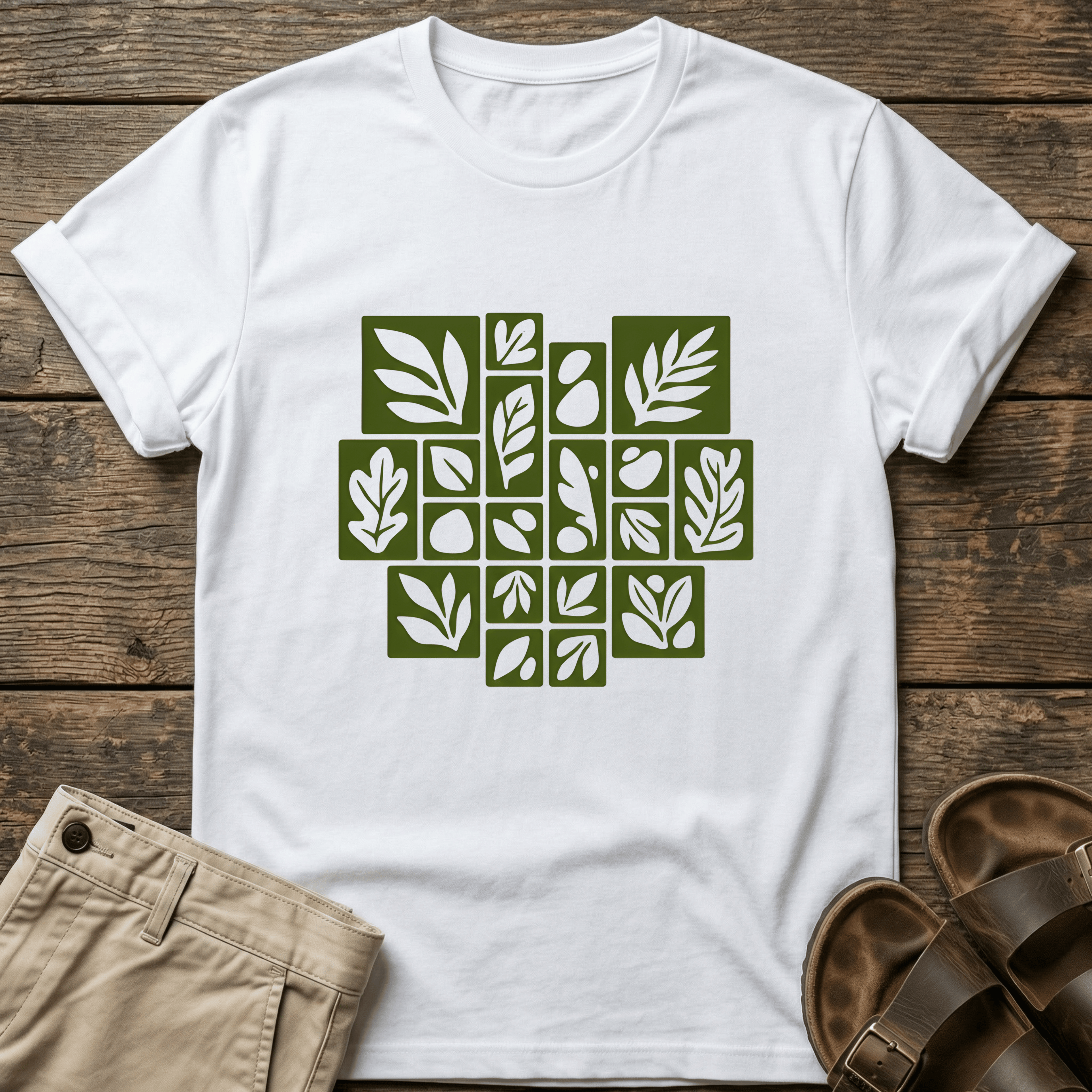 Olive Leaf Grid Graphic T-Shirt