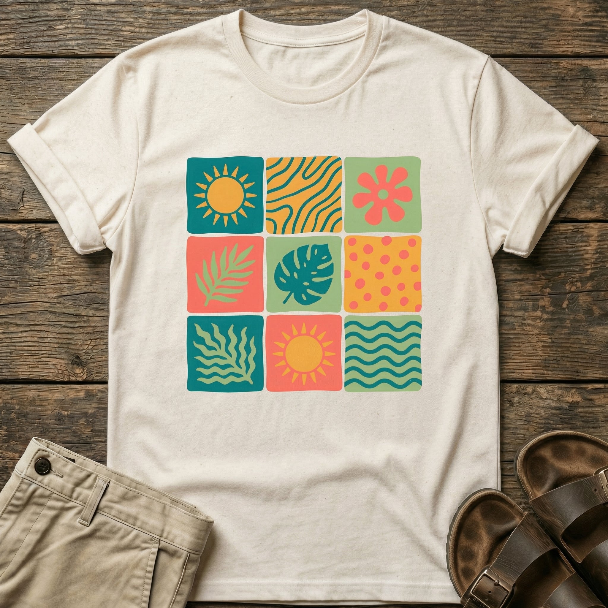 Colorful Retro Tropics Grid Graphic T-Shirt