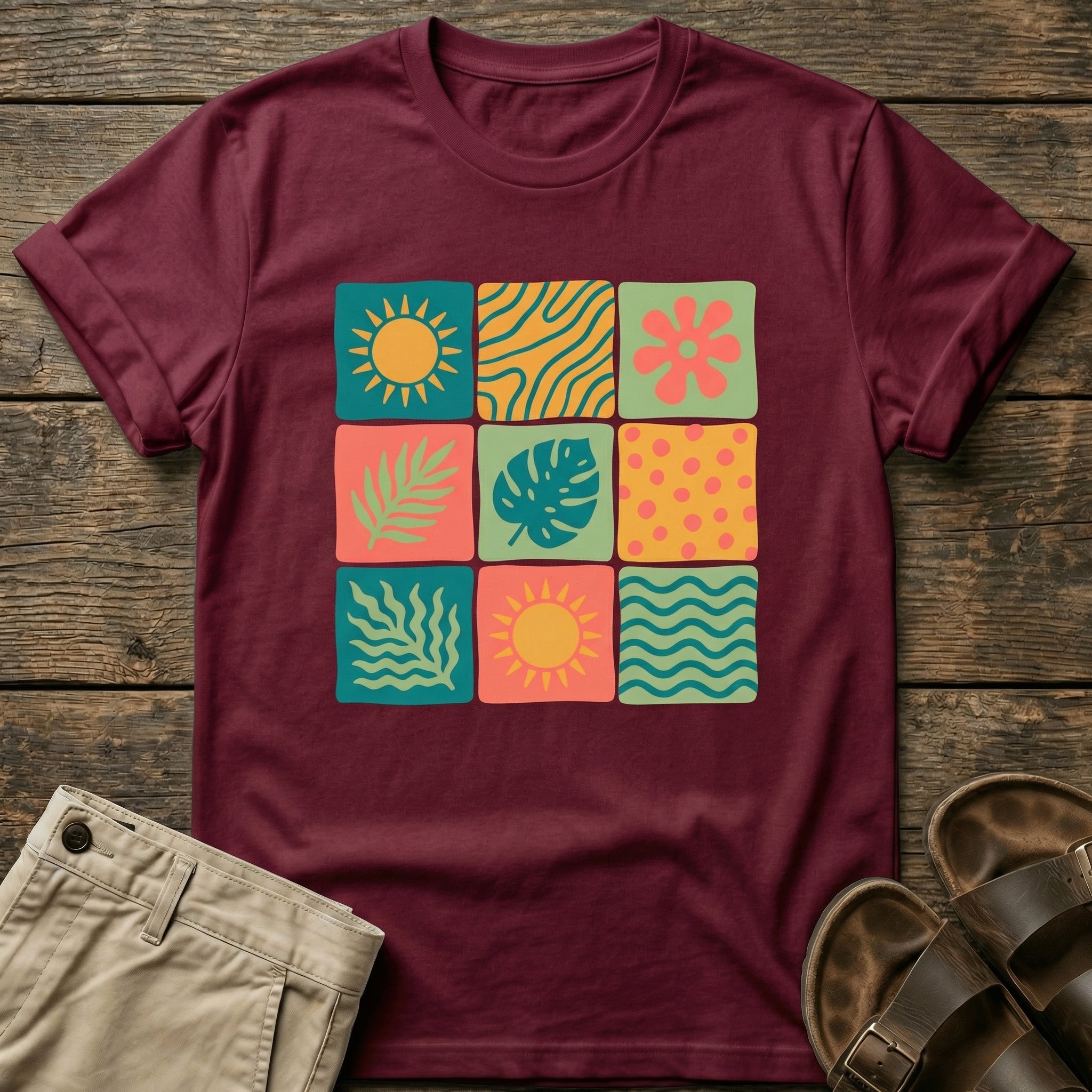Colorful Retro Tropics Grid Graphic T-Shirt