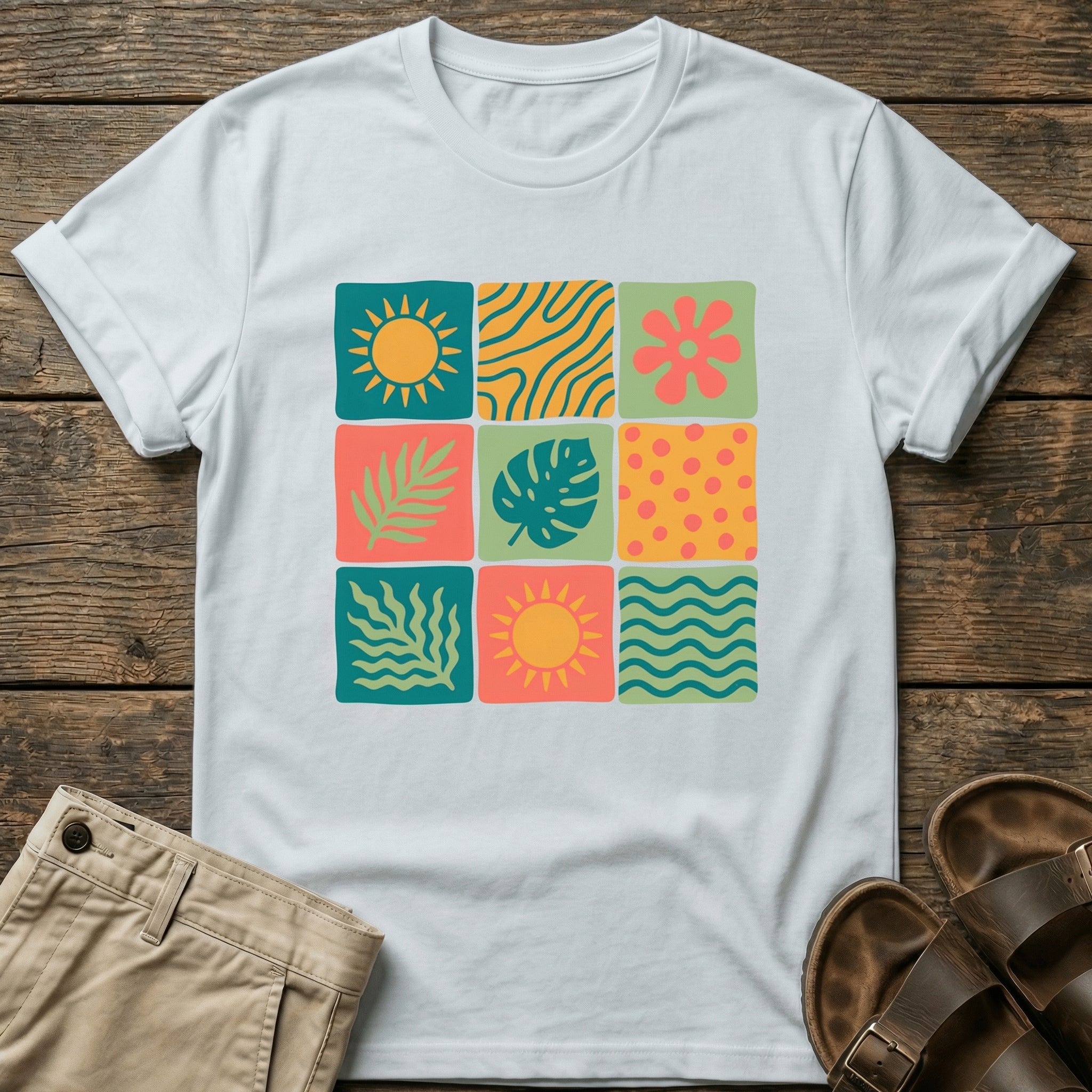 Colorful Retro Tropics Grid Graphic T-Shirt