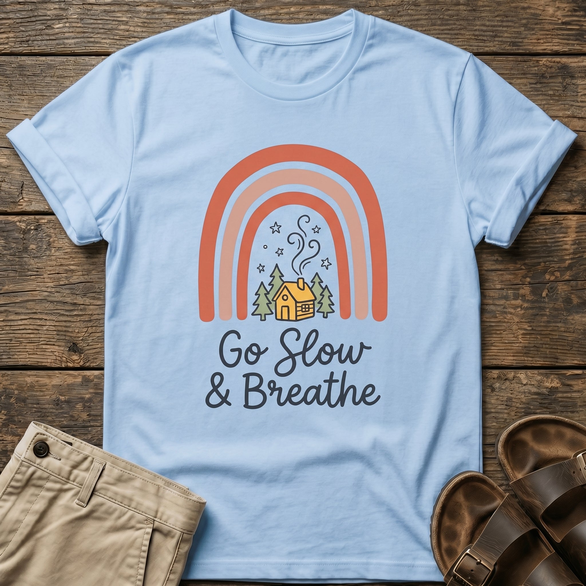 Go Slow & Breathe Cozy Rainbow Cabin  T-Shirt