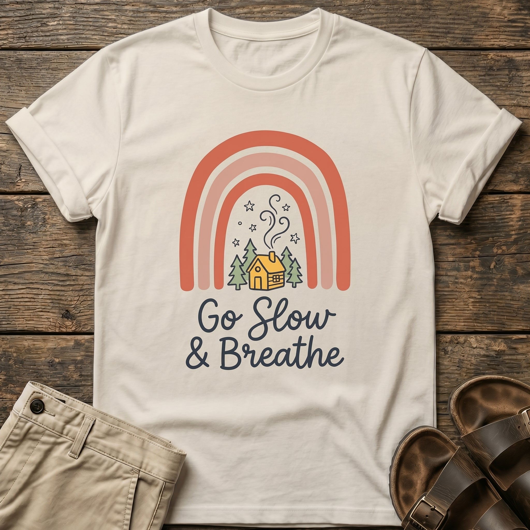 Go Slow & Breathe Cozy Rainbow Cabin  T-Shirt
