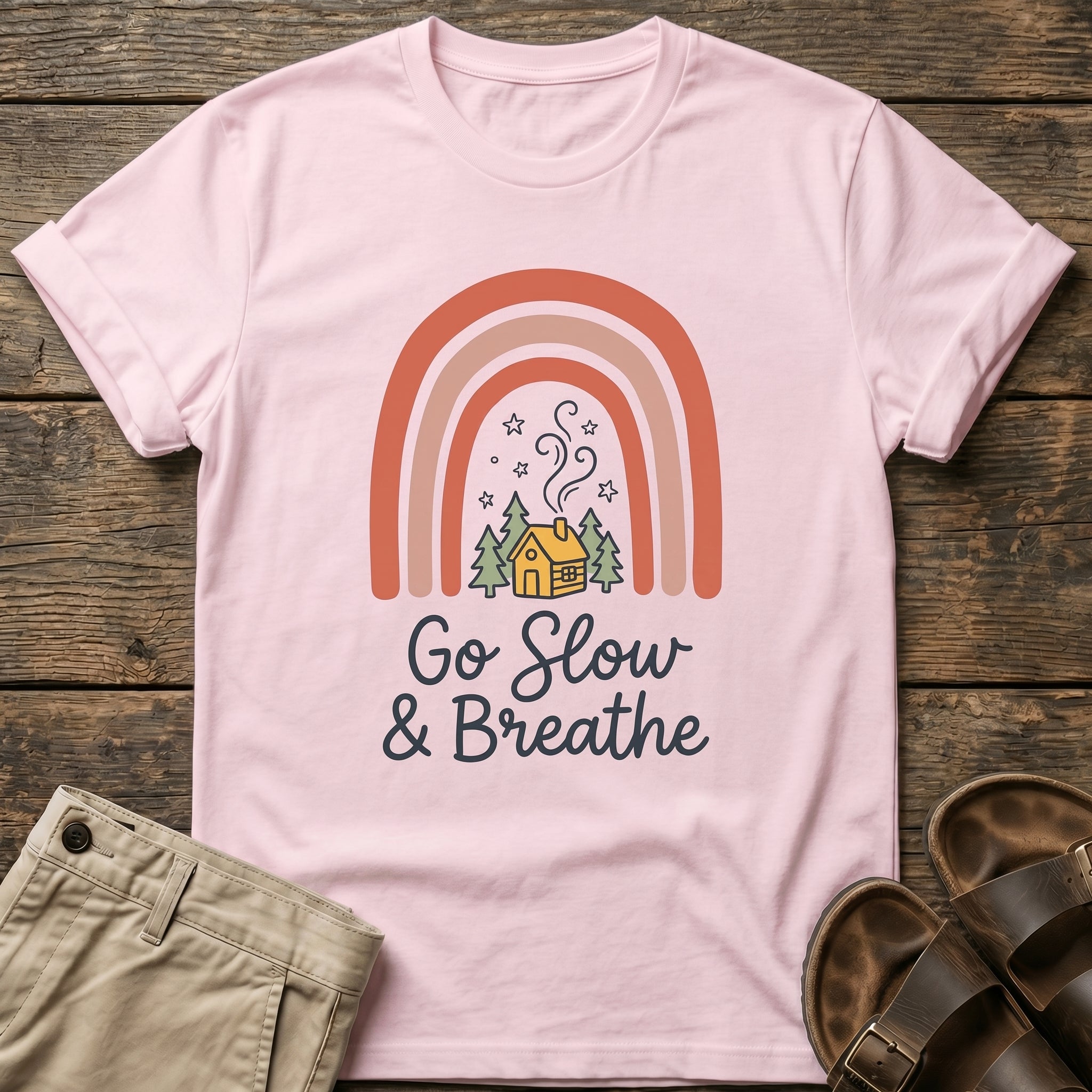 Go Slow & Breathe Cozy Rainbow Cabin  T-Shirt