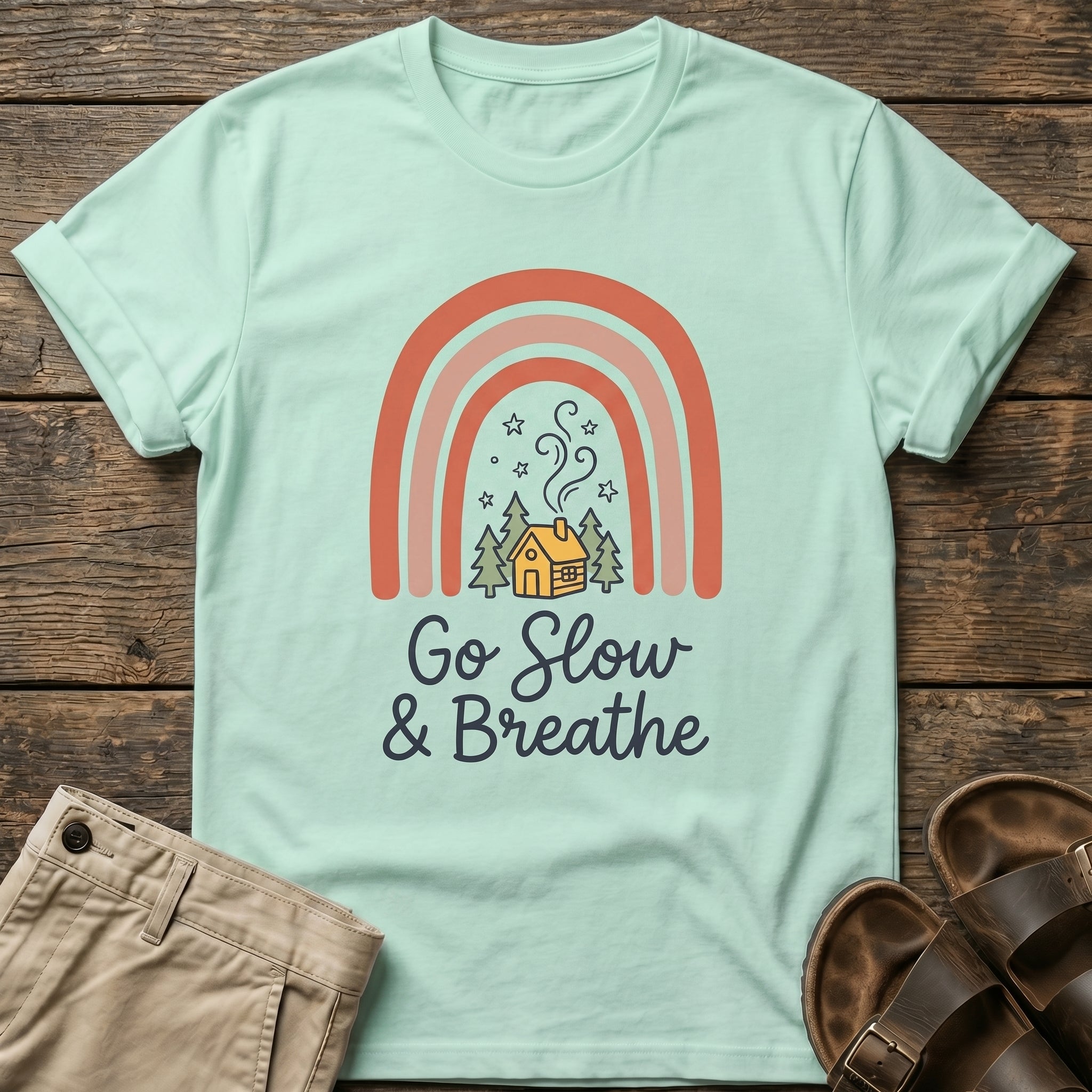 Go Slow & Breathe Cozy Rainbow Cabin  T-Shirt