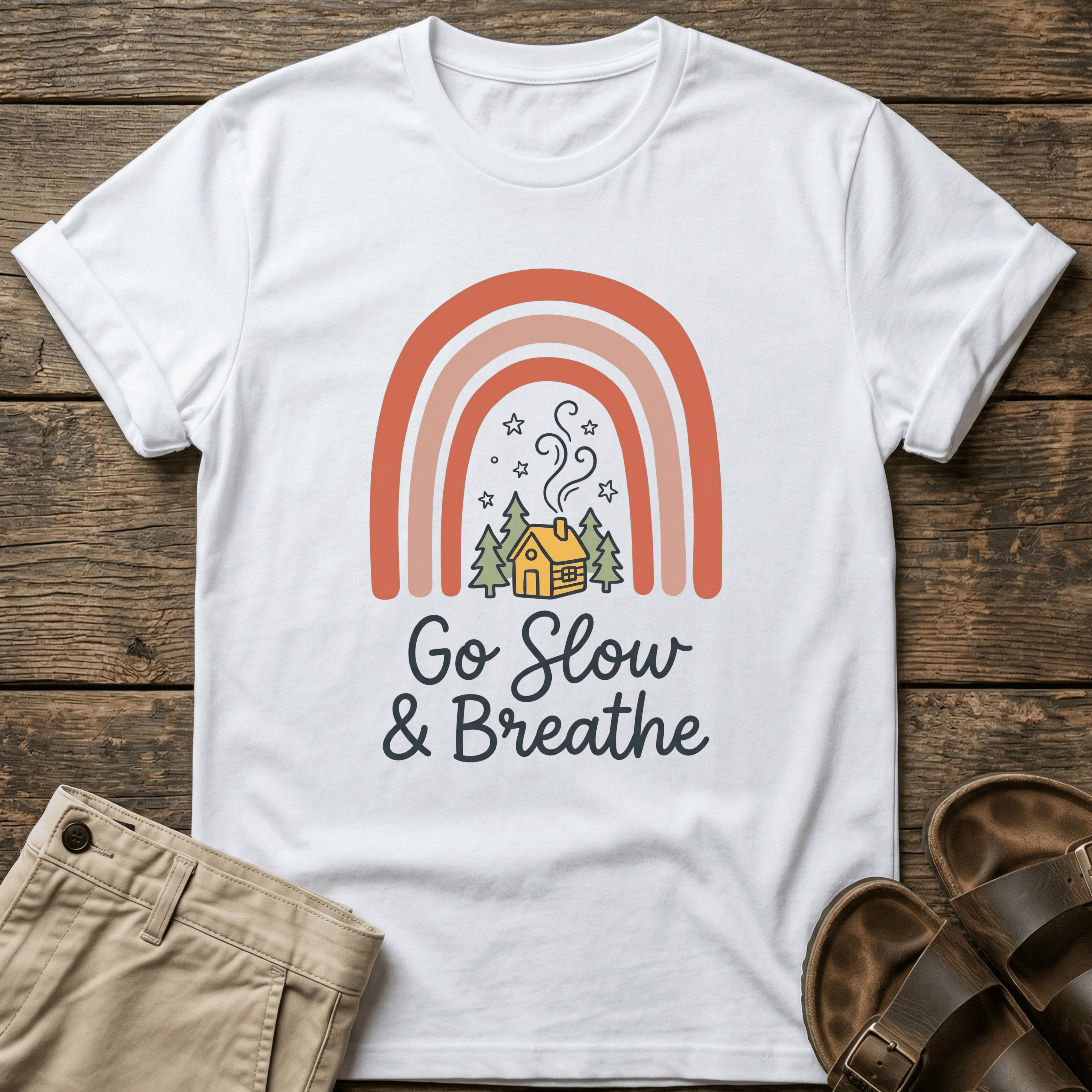 Go Slow & Breathe Cozy Rainbow Cabin  T-Shirt