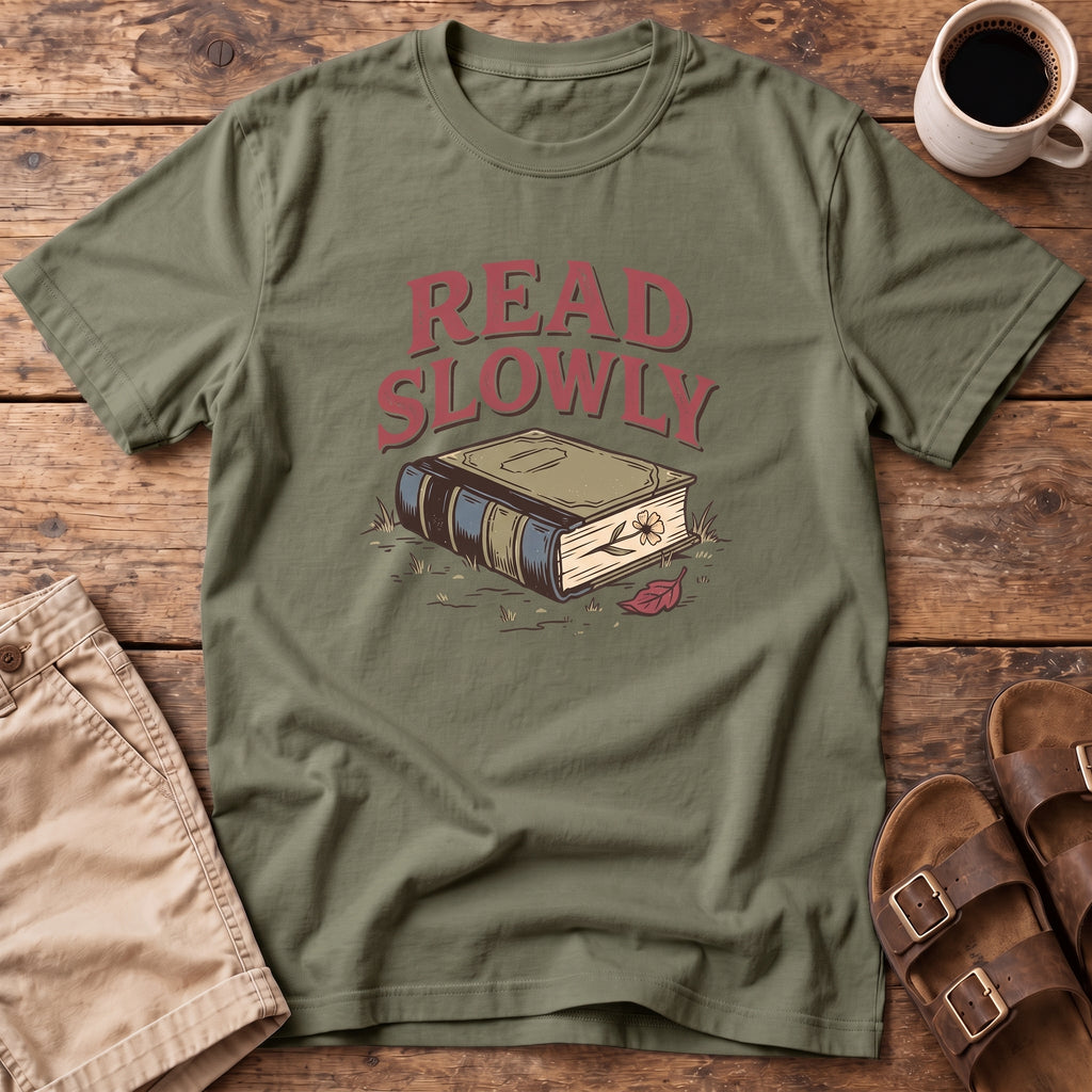 Read Slowly Book T‑Shirt