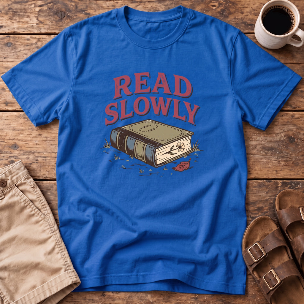 Read Slowly Book T‑Shirt